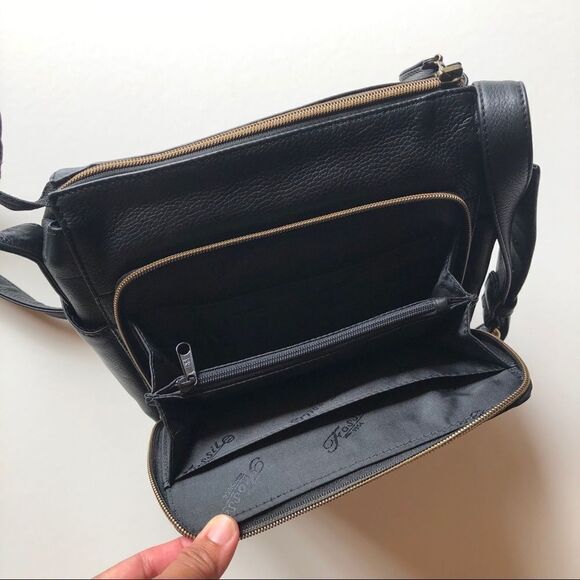 Vintage Fossil 1954 Black Leather Crossbody Organizer Bag 75082 Moto Biker Style - Picture 7 of 15